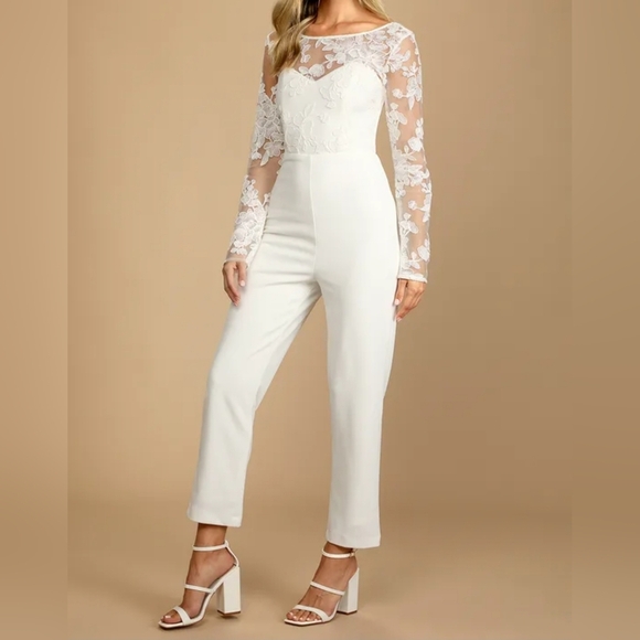 Lulus Write Your Own Romance White Embroidered Long Sleeve Jumpsuit, Medium - Picture 1 of 11